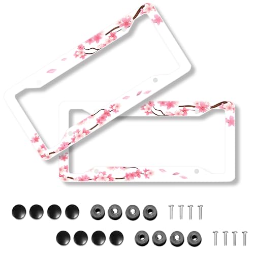 Pink Cherry Blossom On White Background License Plate Frame - 2Pcs Sakura Flower License Plate Holder Aluminum Metal Car Accessories Refreshing Cute Anime Design Fits Standard Us Vehicles with Screws - color: sakura