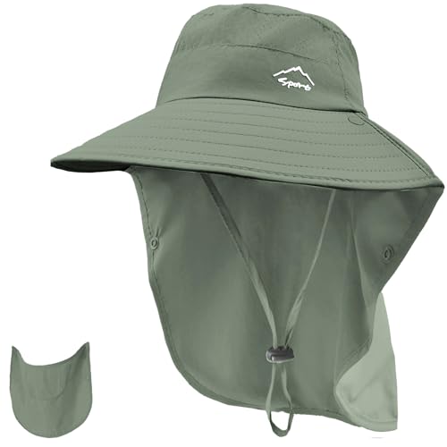 Rosoz Sun Hat for Men Women with Neck Flap,Wide Brim UPF50+ Fishing Hat with Detachable Face Cover Outdoor Sun Protection Hat - color: 1pack-army Green