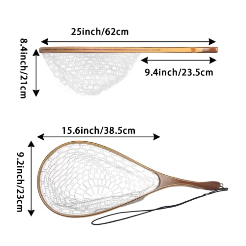 Aventik Fly Fishing Landing Net for Trout Soft Rubber Ghost Mesh Catch and Release Wooden Frame Lightweight and Tangle-Free - style: Fishtail Hand Round Head