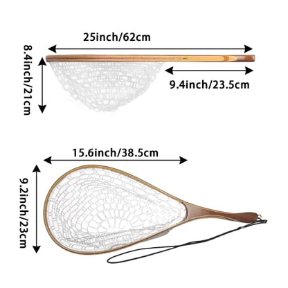 Aventik Fly Fishing Landing Net for Trout Soft Rubber Ghost Mesh Catch and Release Wooden Frame Lightweight and Tangle-Free - style: Fishtail Hand Round Head