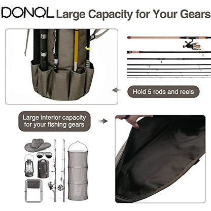 DONQL Fishing Rod Bags, Outdoor Fishing Pole Case, Multifunction Camping Portable Travel Carry Cases Backpack, Fishings Rod and Reel Case Holds 5 Poles & Rig Tackles, Fishings Gift for Men - color: Khaki