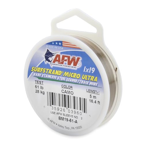 American Fishing Wire Surfstrand Micro Ultra Bare 1x19 Stainless Steel Leader Wire - Fishing Leader Line for Saltwater, 6.6lb Test - 61lb Test, Camo Color, 5m Length - style: 61 Lb / 5 M