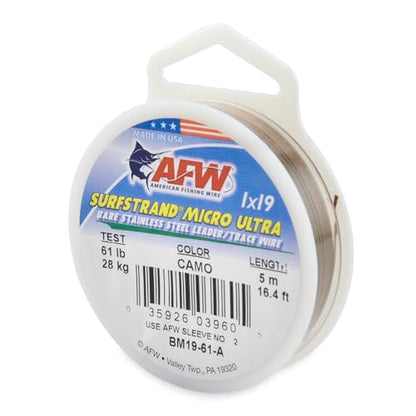 American Fishing Wire Surfstrand Micro Ultra Bare 1x19 Stainless Steel Leader Wire - Fishing Leader Line for Saltwater, 6.6lb Test - 61lb Test, Camo Color, 5m Length - style: 61 Lb / 5 M