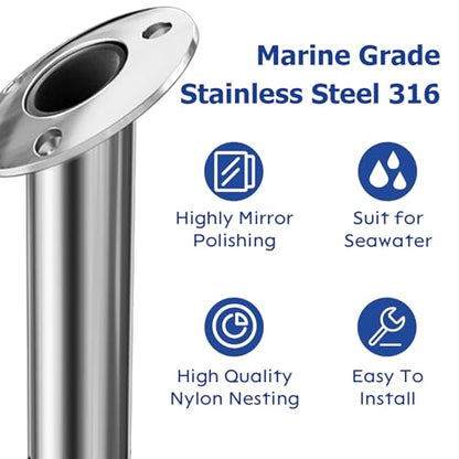 Fishing Rod Holder 2 Pack, 316 Stainless Steel 15/30/90 Degree Rod Holders for Fishing Boat, Flush Mount with Cap, Heavy Duty