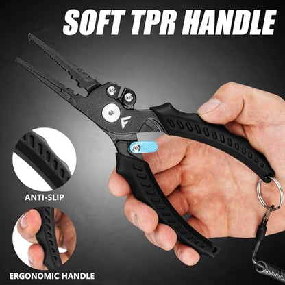 FLISSA Fishing Pliers, Safety Lock Design Fish Pliers Saltwater, Aluminum Hook Remover, Titanium 6Al-4V Jaw and Tungsten Carbide Line Cutters, Sheath & Lanyard, Fishing Gear Gifts for Men - size: 7.5-inch