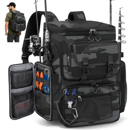 RAINSMORE Fishing Backpack, 45L Large Water-resistant Fishing Tackle Bag | with 4 Rod Holders & Insulated Cooler & Rain Cover Professional 900D Oxford Tackle Backpack for Men Gift Gray Camouflage - color: Grey Camouflage