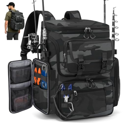 RAINSMORE Fishing Backpack, 45L Large Water-resistant Fishing Tackle Bag | with 4 Rod Holders & Insulated Cooler & Rain Cover Professional 900D Oxford Tackle Backpack for Men Gift Gray Camouflage - color: Grey Camouflage