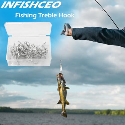 Treble Fishing Hooks 3X Strong 50PCS Triple Hooks Sharp Barbed Round Bend for Freshwater Saltwater Lures Fish - color: White, size: 2# 50pcs