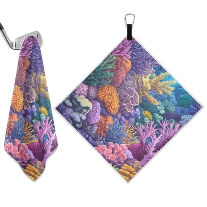 Reef Yellow Fish Blue Print Magnetic Golf Towel for Golf Bags Microfiber Golf Essentials for Women Men with Carabiner Clip Attaches to Clubs and Carts, 17.7"x17.7"