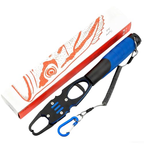 Fish Gripper Aluminum Alloy Lip Grabber Fishing Holder with Scale 12 Inch 40lb Capacity 360° Swivel - color: Blue