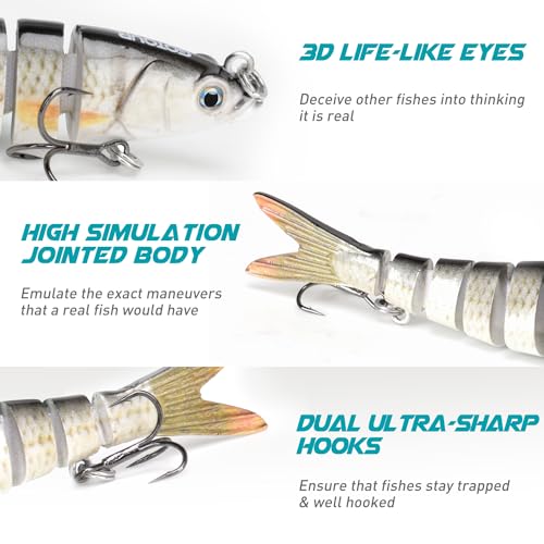 GOTOUR Jointed Swimbaits, Easy Catch Fishing Lures for Bass Trout Crappie | Wiggling Vibrating Rattling Gurgling for More Bites, Heavy-Duty Dyneema Fiber, Slow Sinking, Fresh & Saltwater Fishing Baits - color: A1-4"-0.4oz