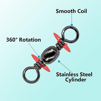 Fishing Barrel Swivels Kit, 300pcs Stainless Steel Rolling Bearing Snap Connector for Saltwater Freshwater Fishing#2#3#4#5#6#7 - style: B Style: 6 Sizes - 300pcs