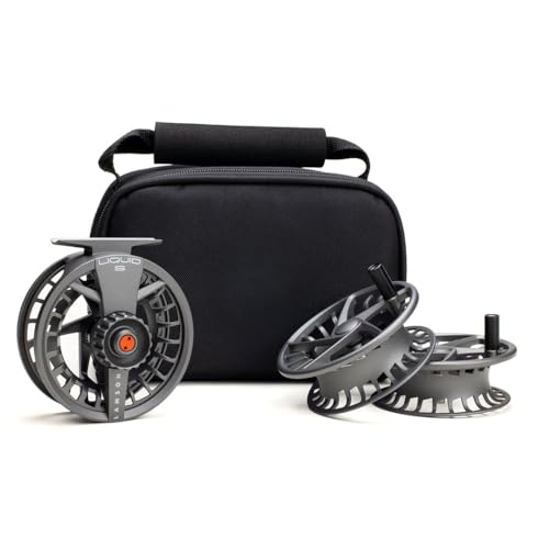 LAMSON | Liquid S-Series Fly Fishing Reel 3 Pack | All-Water | 1 Reel & 2 Bonus Spools + Carrying Case | Large Arbor, Powerful Sealed Drag, Pressure Cast Aluminum - color: SMOKE, size: -3+