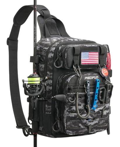 Piscifun Fishing Backpack Tackle Bag with 2 Rod Holders, Multi-Compartment Storage, MOLLE System, Water-Resistant Lightweight Outdoor Pack - color: Single Shoulder - Black Camouflage, style: Standard