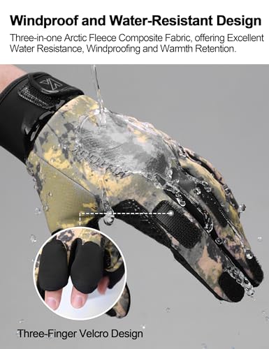 KUTOOK Winter Fishing Gloves for Men& Women Waterproof Glove Cold Weather Hunting Photography Shooting Hiking - color: Khaki, size: Large