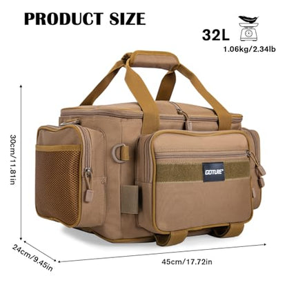 Goture Fishing Tackle Bag,Store Up to 4PCS 3700 Tackle Boxes(Not Included),600D Soft Side Water-Resistant Saltwater Gear Storage Fishing Bag with Rod Straps,Detachable Water Bottle Pouch,SBS Zippers - color: A3:Khaki(Without Trays-17.72"x11.81"x9.45"), si