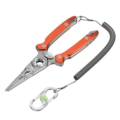 KEXMO 17-4 Stainless Steel Fishing Pliers, Anti-Twist Saltwater Hook Remover Tool, 7.17" Split Ring Pliers with Tungsten Cutters, Lightweight Aluminum Scales, Luminous Locking S-Carabiner - color: Orange
