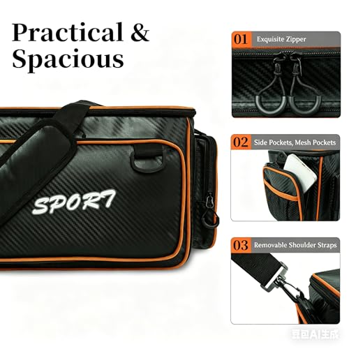 Fishing Tackle Box, Waterproof Tackle Trays for Saltwater & Freshwater - Fishing Gear Shoulder Bag For Men (Tackle Boxes Not Included) - color: Black Orange