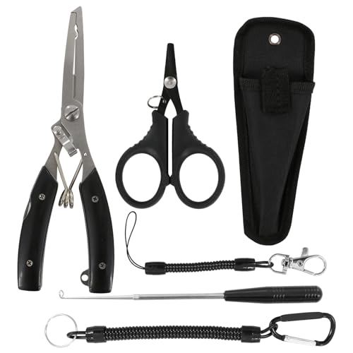 4PCS Set Fishing Scissors, Braided Line Cutter Tool Kit, Portable Fly Tying Scissors, Practical with Hand Rope, Suitable for Braided Fishing Line (Black)