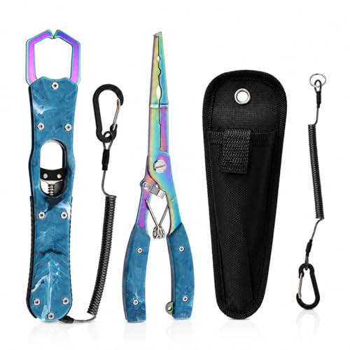 YINEE Fishing Pliers and Fish Lip Gripper Set, Stainless Steel Fishing Gear, Saltwater Hook Remover Split Ring Tool - color: Blue-Fishing Pliers&Fish Lip Grippe