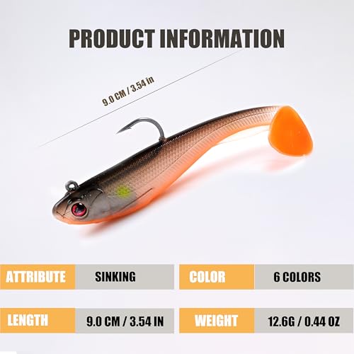 EXAURAFELIS 6Pcs Pre-Rigged Paddle Tail Swimbaits, Soft Shadtale Lures with Jig Heads, Vibrating Sinking Lures for Bass, Trout, Walleye, Pike, Muskie, Crappie, Freshwater & Saltwater Jigging Bait