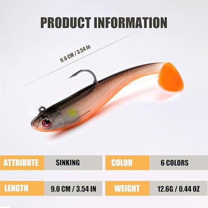 EXAURAFELIS 6Pcs Pre-Rigged Paddle Tail Swimbaits, Soft Shadtale Lures with Jig Heads, Vibrating Sinking Lures for Bass, Trout, Walleye, Pike, Muskie, Crappie, Freshwater & Saltwater Jigging Bait
