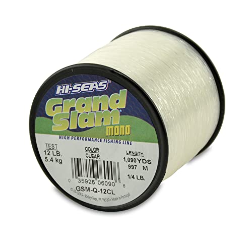 HI-SEAS Grand Slam Monofilament Fishing Line - Strong & Abrasion Resistant in Clear, Pink, Green, Smoke Blue, Fluorescent Yellow Freshwater & Saltwater – Quarter Pound Spool - color: Clear, style: 12 Lb Test, 0.35 Mm Dia, 1090 Yd