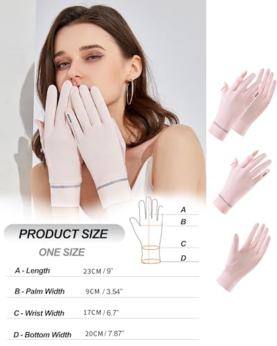 Women Sun Gloves UPF 50+ UV-Protection, Summer 2-Fingers-Flip Thin Ice-Silk Breathable Mesh Cooling Running Gloves - color: Pink