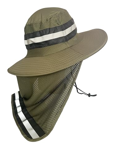 Men's Wide Brim Boonie Bucket Sun Hat with Neck Flap, High Visibility Reflective Stripes, UV Protection - color: Army Green