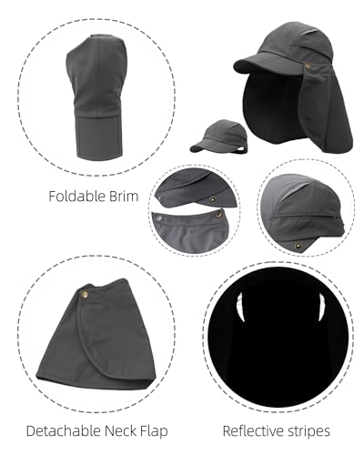 Men Women Safari Fishing Sun Cap with Removable Neck Flap UPF 50+ UV Protection Quick Dry Breathable Hats - color: Grey
