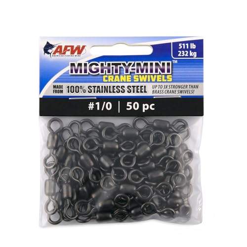 AFW American Fishing Wire Fishing Swivels - Mighty Mini 100% Stainless Steel Crane Swivels, 3X Stronger Than Brass, for Terminal Tackle Box, Up to 600lb Test - Fishing Gear for Fishing Line Leaders - size: 50 Pieces, 511 Pound Test