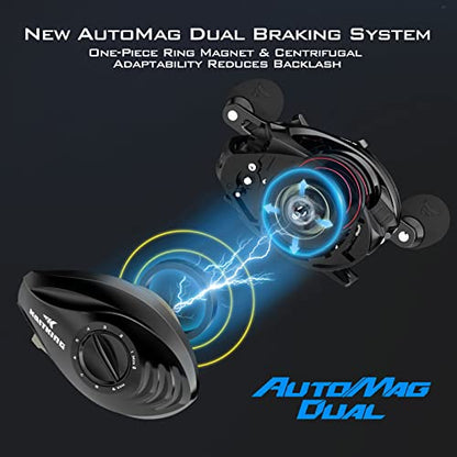 KastKing MegaJaws Elite Baitcasting Fishing Reel, New AutoMag Dual Braking System, Only 6.7oz, 17.64 LBs Carbon Fiber Drag, 11+1 Shielded BB, High Speed 5.4:1 to 9.1:1 Gear Ratios - size: Right - 7.2:1, style: Megajaws