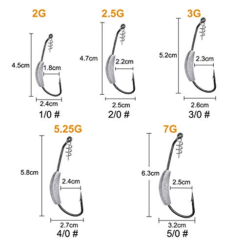 25 Pcs/Box Weighted Swimbait Hooks, Weighted Fishing Hooks Saltwater Worm Weedless Hooks for Bass Fishing Mixed 5 Size 1/0 2/0 3/0 4/0 5/0