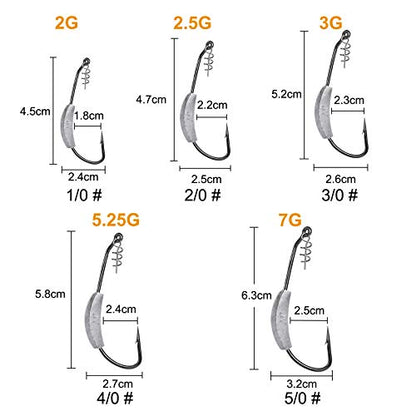 25 Pcs/Box Weighted Swimbait Hooks, Weighted Fishing Hooks Saltwater Worm Weedless Hooks for Bass Fishing Mixed 5 Size 1/0 2/0 3/0 4/0 5/0