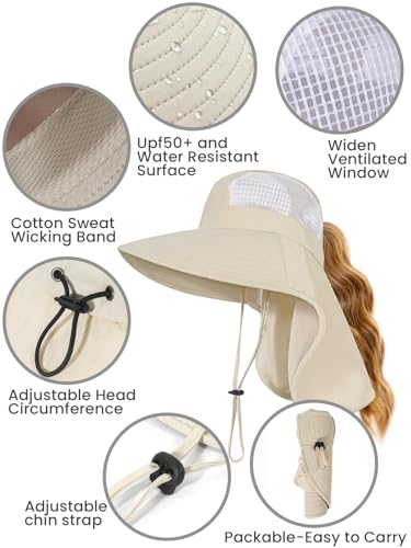 Sun Hats for Women UV Protection with Neck Flap Wide Brim Beach Hats with Ponytail Hole for Hiking Fishing Gardening Travel - color: Beige