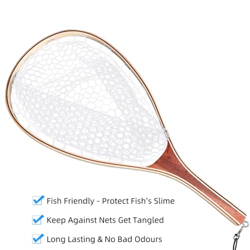 Hipicute Fly Fishing Net, Trout Net, Wooden Frame Fly Fishing Landing Net with Soft Rubber Mesh for Catch and Release, Lightweight Fish Net for Trout Bass, Fly Fishing Gear for Stream Fishing - color: White-02, style: Round Holes-01