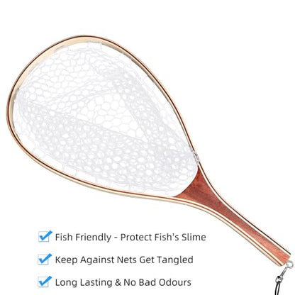 Hipicute Fly Fishing Net, Trout Net, Wooden Frame Fly Fishing Landing Net with Soft Rubber Mesh for Catch and Release, Lightweight Fish Net for Trout Bass, Fly Fishing Gear for Stream Fishing - color: White-02, style: Round Holes-01
