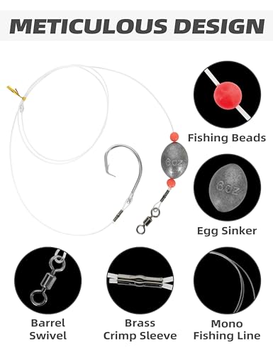 BLUEWING Fishing Grouper Rig Saltwater Fishing Rig with 2/4/6/8oz Egg Sinker Weight, Mono Line and Stainless Steel Circle Hook for Offshore Big Game - size: 15/0-6oz-1.5mm-250lbs