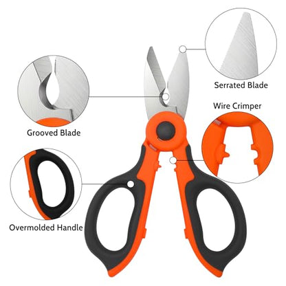 Lichamp 6.4" Orange Stainless Electrician Scissors to Cut, Strip & Crimp | Multi-Function Shears, Wire Stripper, Cutter & Crimper, Orange Handle, ABS Holster, Sharp Blades, for Electrical Work & DIY
