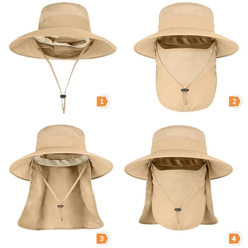 Sun Hats for Men Women Fishing Hat UPF 50+ Breathable Wide Brim Bucket Hats Summer UV Protection Safari Hat with Neck Flap - color: Khaki (With Face Cover)