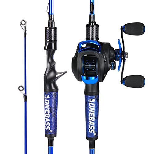 One Bass Fishing Rod Reel Combo, Baitcasting Fishing Pole with Graphite 2Pc Blanks - size: 7'0" Med Heavy - 2Pcs, style: Blue - Right Handed