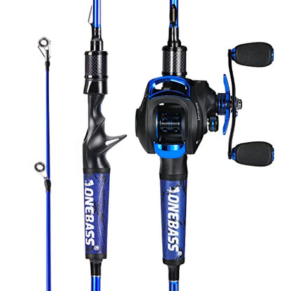 One Bass Fishing Rod Reel Combo, Baitcasting Fishing Pole with Graphite 2Pc Blanks - size: 7'0" Med Heavy - 2Pcs, style: Blue - Right Handed