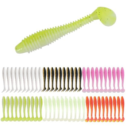 Eupheng 2.5inch/3inch Paddle Tail Swimbaits, T-Tail Ribbed Soft Plastic Fishing Lures for Bass Trout Crappie Walleye Saltwater Freshwater Fishing - size: 2.5 inch - 60 PCS