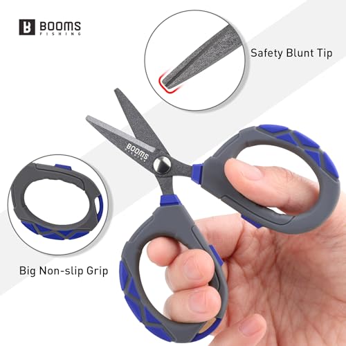 Booms Fishing Braided Line Scissors: Micro-Serrated Stainless Steel Blades Line Cutter - XW01 4.1" Fishing Serrated Shears with Coiled Lanyard - style: Scissors + Coiled Lanyard