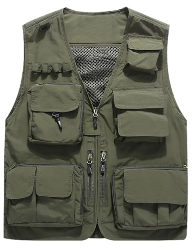 Flygo Men's Casual Lightweight Outdoor Fishing Work Safari Travel Photo Cargo Vest Jacket Multi Pockets - color: Army Green, size: Large