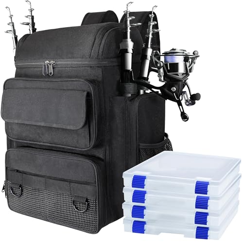 Fishing Backpack with 4 Tackle Boxes, 45L Large Tackle Backpack for Fishing,Camping,Hiking,Black - color: Black(with 4 Boxes)