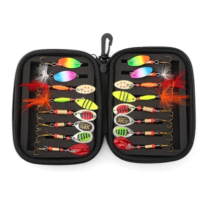 16pcs Fishing Lures Spinner Baits, Trout Bass Salmon Lures Kit, Metal Bass Trout Spinner Lure Baits with Portable Carry Bag for Freshwater Saltwater, Fishing Gifts for Men