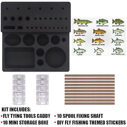 Fly Tying Tool Caddy Organizer-Essential for Fly Tying Stations & Fishing Tool Organizer, Holds 20 Thread Spools with 10 Accessory Boxes