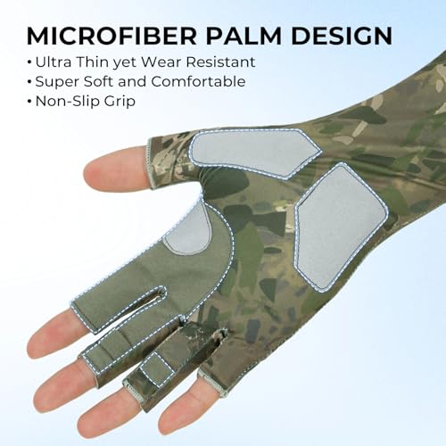 KastKing Agies Fishing Gloves Men, UPF 50+ Sun Gloves UV Protection, Cooling Quick-Dry 3/4 Fingerless Gloves with Extended Cuff, Microfiber Palm & Pull Tabs, for Fishing, Kayaking, Hiking, Hunting - color: X Camo-Olive Green, size: Large-X-Large
