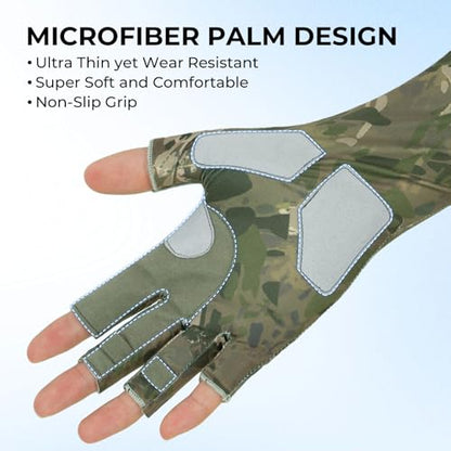 KastKing Agies Fishing Gloves Men, UPF 50+ Sun Gloves UV Protection, Cooling Quick-Dry 3/4 Fingerless Gloves with Extended Cuff, Microfiber Palm & Pull Tabs, for Fishing, Kayaking, Hiking, Hunting - color: X Camo-Olive Green, size: Large-X-Large